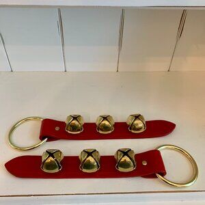 Sleigh Bells Christmas Door Hanger Brass Jingle Bells & Ring Red Leather Strap